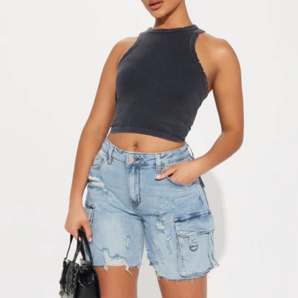 Find A Way Stretch Cargo Denim Shorts - Light Wash - Fashion Nova